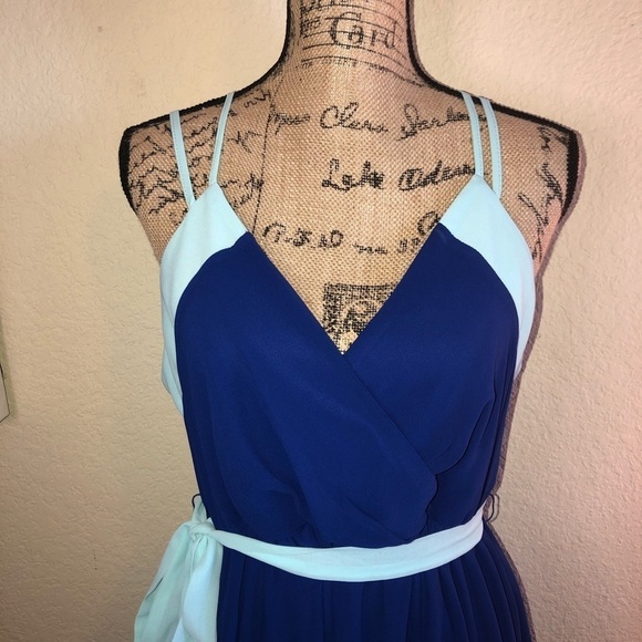 Tea & Cup Dress Blue Two Tone Dress Spaghetti Straps Gathered Waist Size Large - Picture 2 of 9